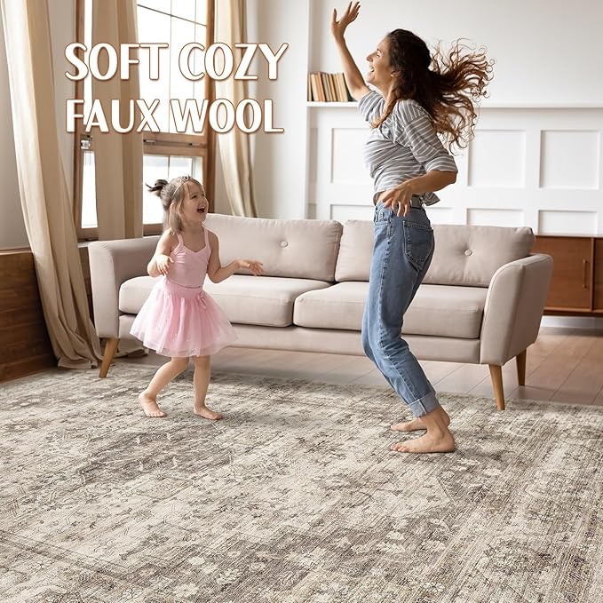 10x14 Area Rugs Living Room: Washable Boho Large Neutral Vintage Soft Rug Stain Resistant Farmhouse Non Slip Indoor Floor Carpet for Bedroom Nursery Kids Playroom Office Dining Room- Tan