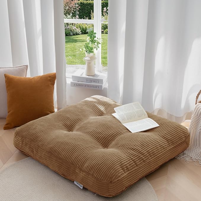 HIGOGOGO 35" Floor Pillow Cushion for Adults, Meditation Cushion Pillow, Extra Large Square Floor Sitting, Tufted Corduroy Cover for Tatami Living Room or Yoga, Coffee