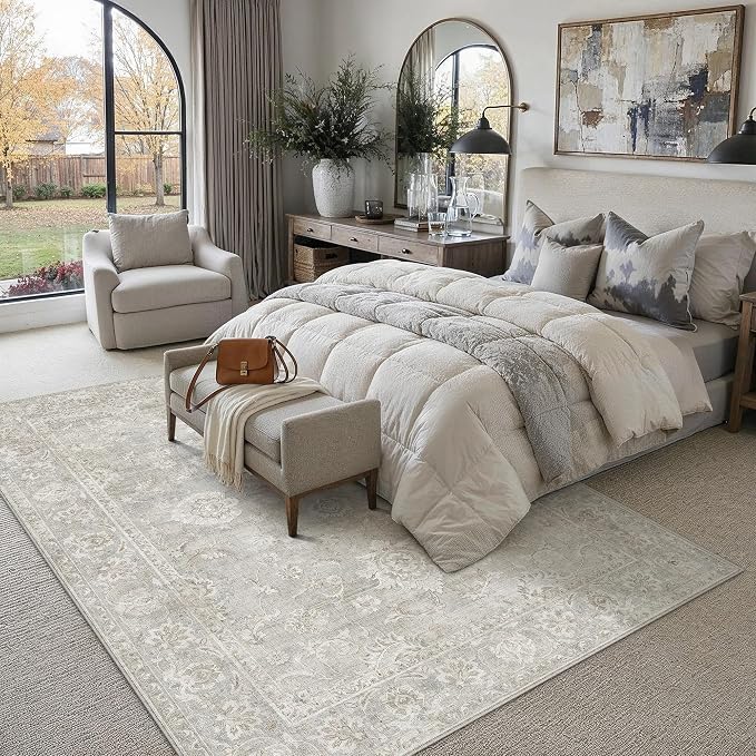 6x9 Grey Washable Area Rug for Living Room Bedroom Neutral Floral Soft Non Slip Rug Low Pile Distressed Carpet for Dining Room Nursery Office Indoor