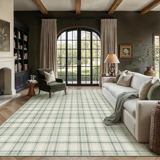 9x12 Green Area Rug for Living Room Bedroom Soft Low Pile Checkered Large Carpet Modern Accent Non Slip Rug for Dining Room Nursery Office Indoor