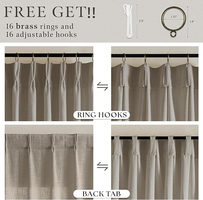 Burlap Flax Linen Curtains Pinch Pleated 92 Inch Long 2 Panels for Living Room Bedroom Taupe Thick Linen Textured Semi Sheer Rustic Farmhouse Boho Back Tab Pleat Drapes Floor to Ceiling Curtains