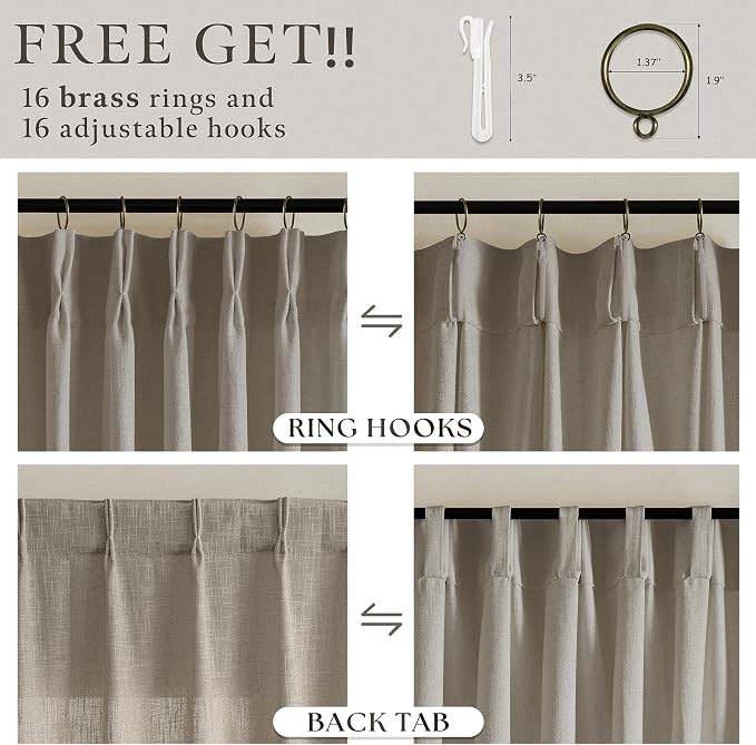 Textured Semi Sheer Burlap Curtains 72 Inches Long Neutral Country Tan Brown Flax Linen Light Filtering Pinch Pleated Curtains Back Tab for Door Cabin Closet 2 Panels Set Burlywood Birch Taupe