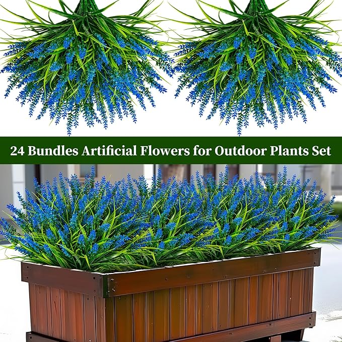 Nigirior Artificial Flowers for Outdoor Plants 24 Bundles Fake Lavender Plastic Faux Monkey Grass for Verandah Window Garden Office Patio Front Porch UV Resistant for Planter(Blue)