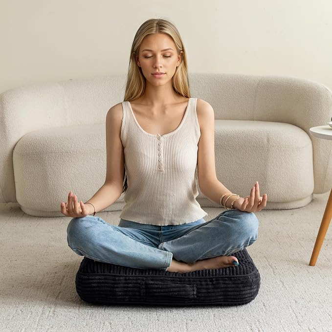 HIGOGOGO 4" Washable Floor Pillow Cushion for Adults, Meditation Cushion Pillow, Large Square Floor Sitting, Removable Tufted Corduroy Cover, for Tatami Living Room or Yoga, 22x22 Inch,Black