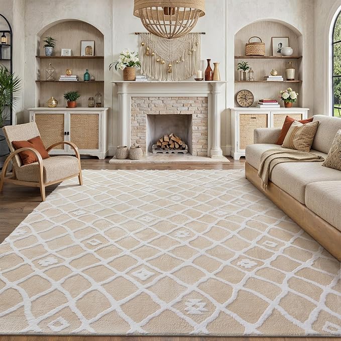 PureCozy 8x10 Area Rug for Living Room Beige Ivory Washable Bedroom Rug Non Slip Soft Modern Moroccan Neutral Shag Checkered Carpet Boho Dining Room Office Playroom Nursery