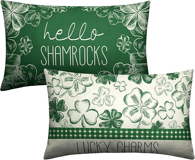 Green Lucky Charm Lumbar Pillow Covers 12x20 Set of 2 Hello Shamrocks St Patricks Day Throw Pillow Covers Clover Hat Cotton Linen Cushion Case for March Holiday Home Outdoor Decor Sofa