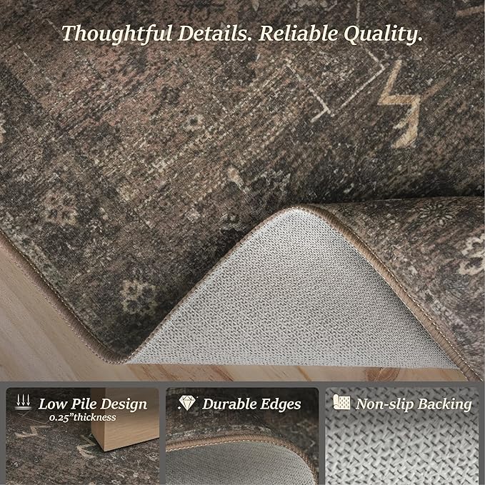 Modern Farmhouse 5x7 Area Rug for Home Office, Dark Neutral Smoky Brown Washable Rug with Vintage Distressed Design, Non-Slip Soft Carpet for Living Room Bedroom Dining Room