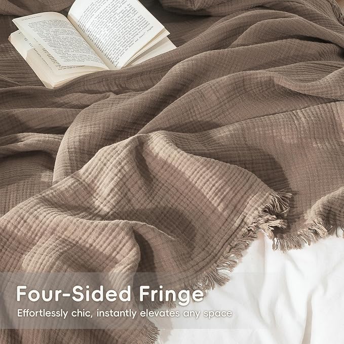 MooMee Muslin Blanket - 100% Cotton 4-Layer Gauze Throw Blanket with All-Around Fringe, Soft Breathable Lightweight Cooling Summer Blankets for Bed Couch(Brown,Throw 60" x 50")