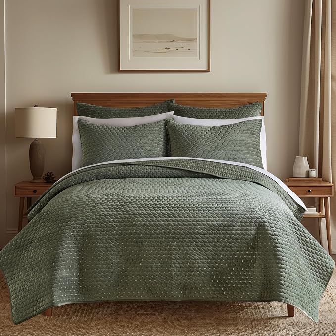 Levtex Home - Velvet Stitch Quilt Set - Full/Queen Quilt and Two Standard Shams - Cross Stitch Velvet - Green with White - Quilt (88x92in.) and Shams (20x26in.) - Reversible - Polyester
