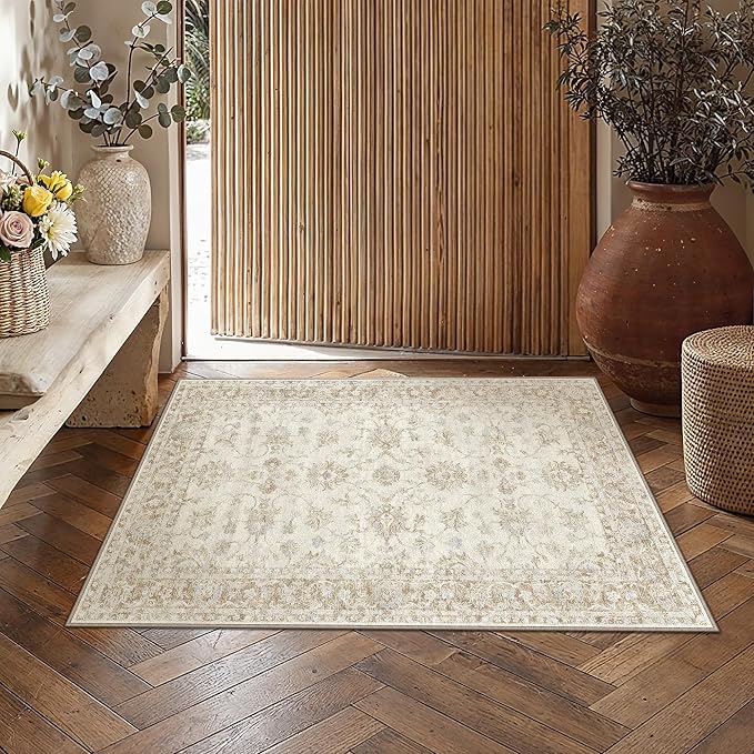 2x3 Washable Neutral Area Rug for Entryway Beige Floral Soft Non Slip Small Carpet Low Pile Distressed Door Mat for Entrance Bathroom Bedroom Indoor
