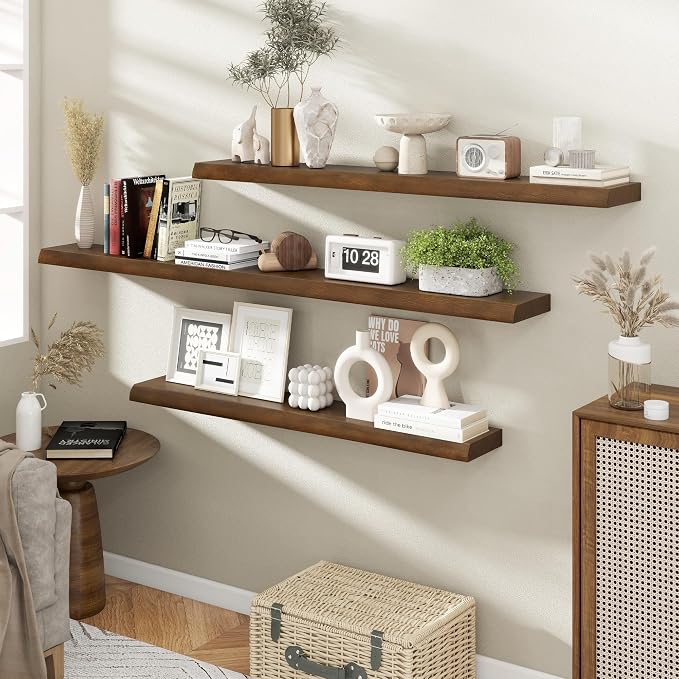 RICHFOCUS Live Edge Wood Floating Shelves 55" Natural Solid Wood Wall Mounted Shelf|Extra Long Floating Shelves for Wall with Invisible Bracket for Bathroom Kitchen Room|1Pcs, Walnut