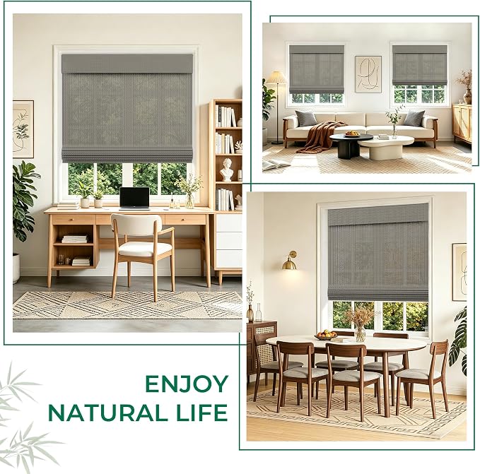 Allesin zen No Drill Cordless Bamboo Roman Shades, Light Filtering Gray, Custom Size
