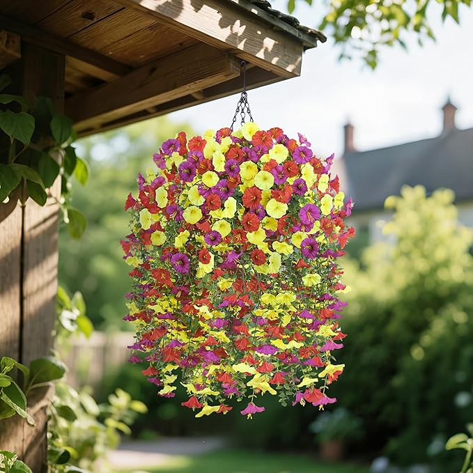 Artificial Hanging Flowers with Basket, 480 Blooms UV Resistant Faux Morning Glory Silk Plants, Fast & Easy Assembly Fake Hanging Baskets for Outdoor Porch Patio Garden Decor, Purple&Yellow&Red