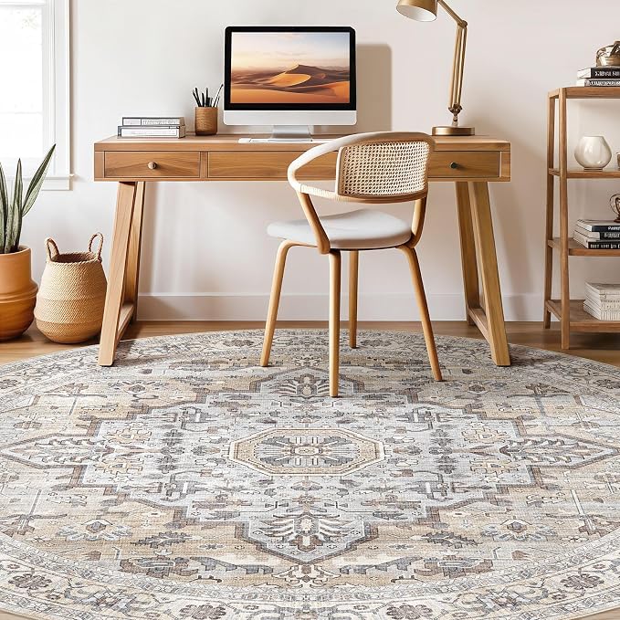 Round Rug Living Room Rugs: 8x8 Washable Boho Neutral Large Circle Soft Indoor Distressed Stain Resistant Floor Farmhouse Carpet for Bedroom Nursery Kids Playroom Office Dining Room Dorm- Cream Gray