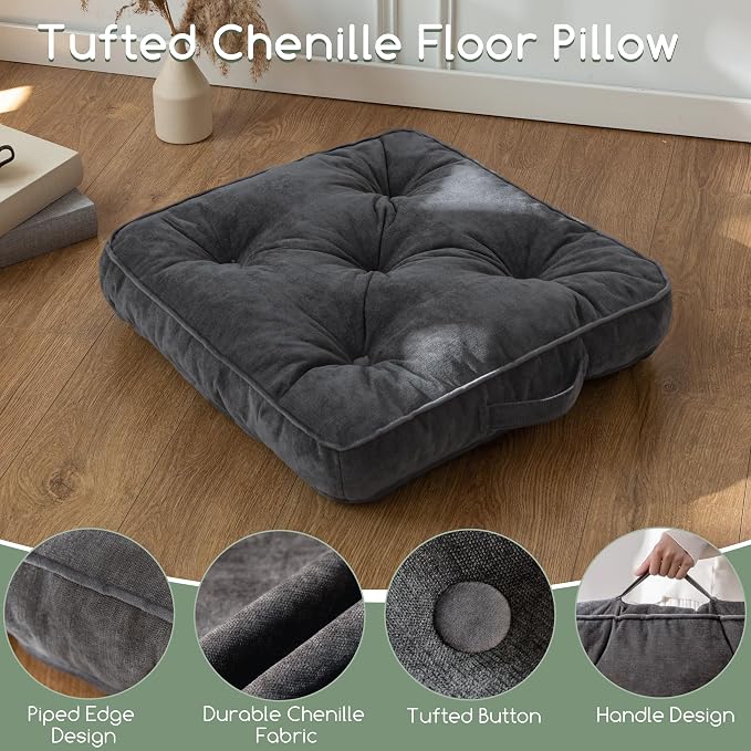 HIGOGOGO Large Floor Pillow Cushion for Adults, Meditation Cushion Pillow with Handle, Lustrous Chenille Tufted, Square Floor Sitting for Tatami Living Room or Yoga, 22x22 Inch, Dark Grey