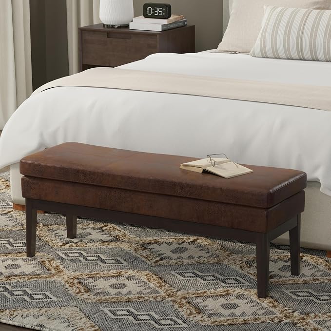 SIMPLIHOME Carlson Ottoman Bench - 45 inch Wide Upholstered Vegan Leather Rectangle Ottoman in Distressed Chestnut Brown, Mid Century Modern Bench for Bedroom or Living Room with Padded Seat