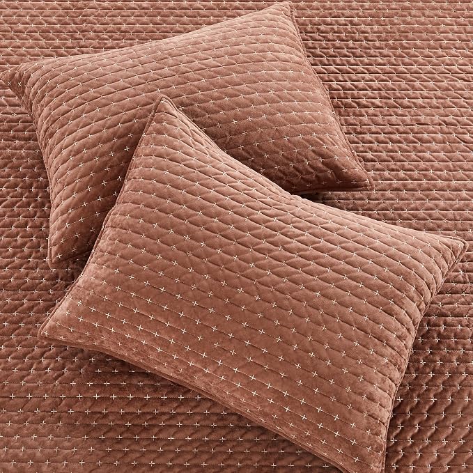 Levtex Home - Velvet Stitch Quilt Set - King Quilt and Two King Shams - Cross Stitch Velvet - Rust with White - Quilt (106x92in.) and Shams (20x36in.) - Reversible - Polyester