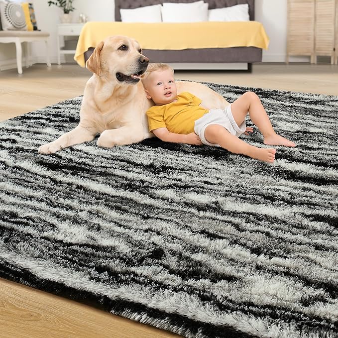 Tepook Area Rugs 9x12 for Living Room, Super Soft Fluffy Rugs for Bedroom, Modern Shaggy Rug Fuzzy Carpets for Kids, Plush Indoor Nursery Home Decor Rug with Non-Slip Bottom, Black White