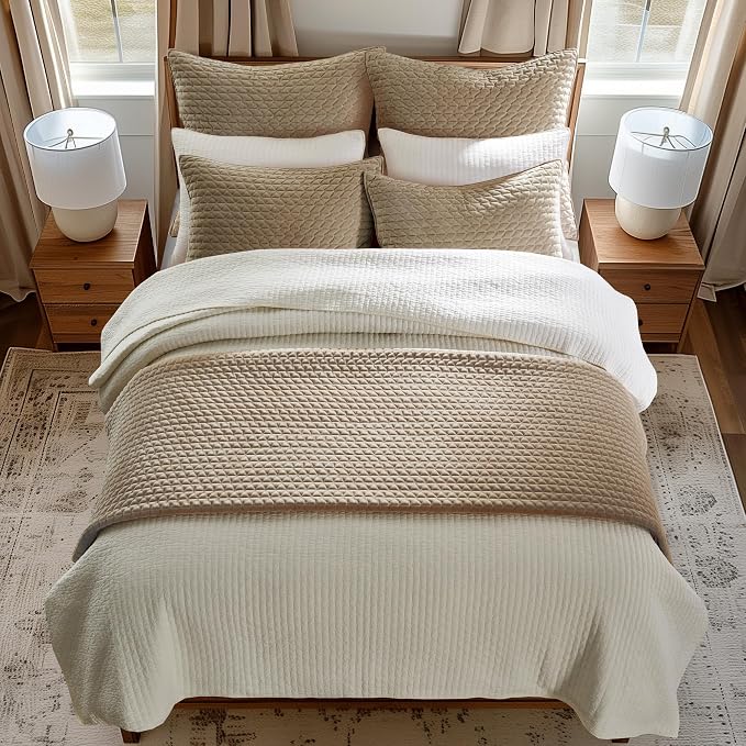 Levtex Home - Velvet Stitch Quilt Set - King Quilt and Two King Shams - Cross Stitch Velvet - Taupe with White - Quilt (106x92in.) and Shams (20x36in.) - Reversible - Polyester