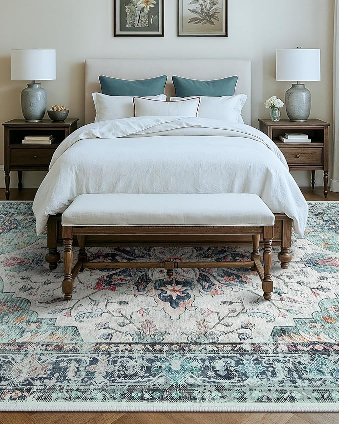 RELEANY Area Rugs 9'x12' Washable Non-Slip, Floral Vintage Distress Print Pattern Medallion Carpet for Living Room Bedroom Dining Room, Green Navy Blue White Red Teal Colorful
