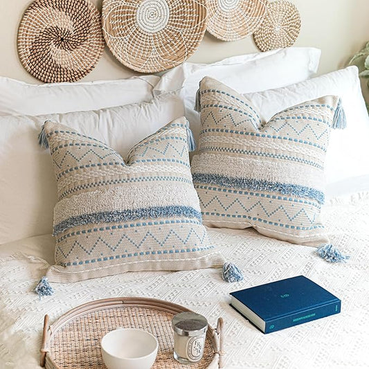 BlissBlush Decorative Throw Pillow Covers 18X18 Combo Set of 2 Square Coastal Blue Boho Accent Pillowcase Tassels Farmhouse Cushion for Couch Sofa Bedroom Living Room Home Décor Cover ONLY
