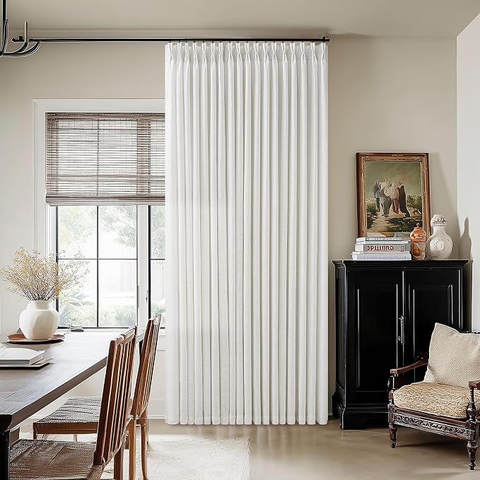 Beige White 100 Inch Wide Curtains 90 Inches Long for Living Room Light Filtering Semi Sheer Modern Farmhouse Pleated Curtain with Hooks Rings for Patio Sliding Door Dining Room Large Window 1 Panel