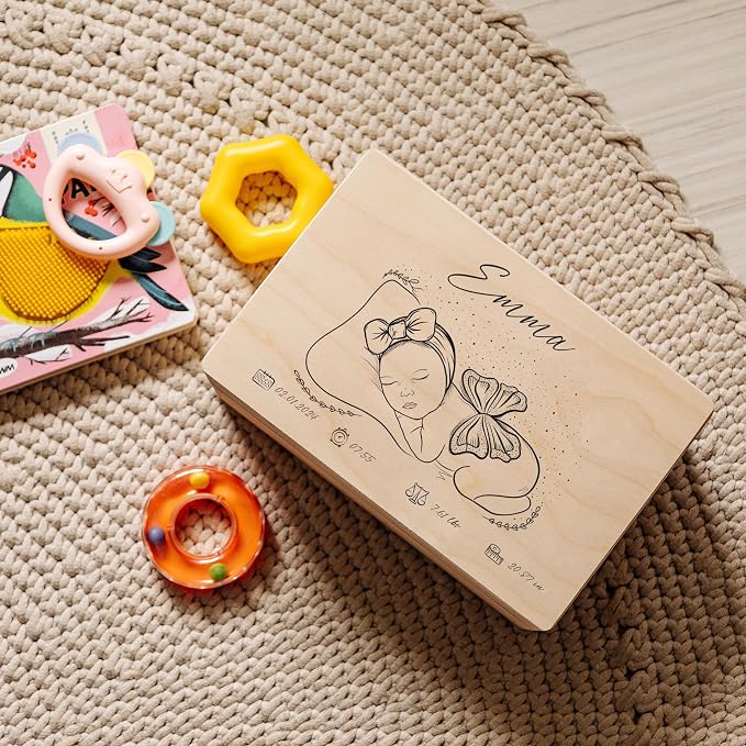 Creative Deco Personalized Wooden Storage Box Baby Memory Box | 11.8x7.87x5.51in (+-0.5) | Hinged Lid Handles Engraving | Boy Girl Birth Baptism | Gift Box | Rough UNSANDED Keepsake Souvenir Chest