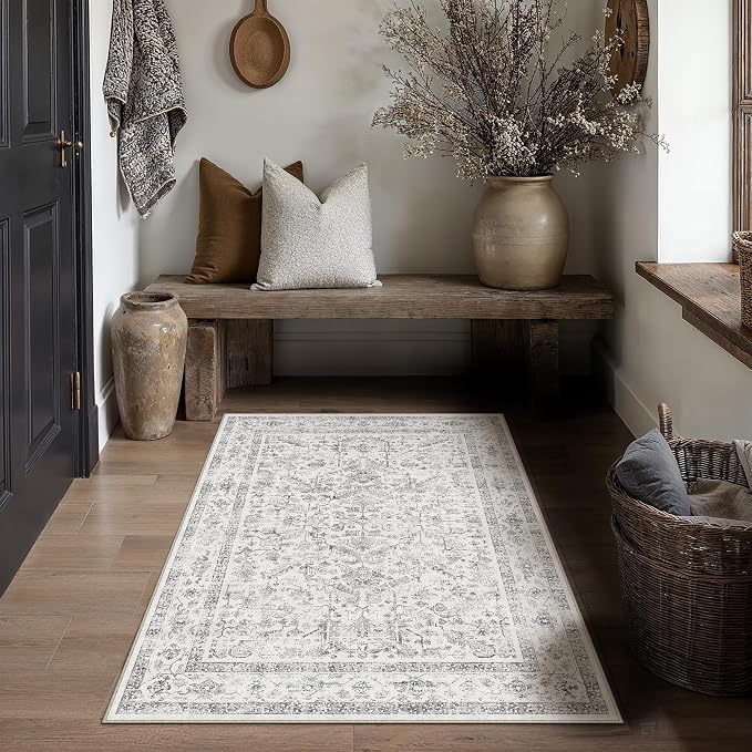 PureCozy Grey 3x5 Entryway Rug Vintage Area Carpet Indoor Kitchen Washable Door Mat Entrance Small Low Pile Traditional Distressed Retro Accent Throw Rug Non Slip Office Bathroom