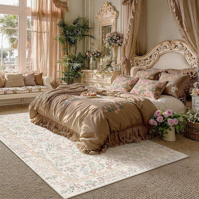 PureCozy 4x6 Pink Area Rug for Entryway Washable Vintage Floral Carpet Low Pile Non Slip Botanical Aesthetic Soft Accent Throw Rug Entrance Kitchen Bedroom Nursery Office Indoor