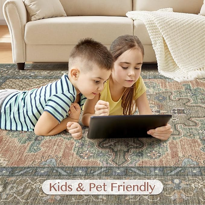 Tortania Area Rug Living Room Rugs - 9x12 Washable Boho Rug Vintage Oriental Distressed Farmhouse Large Thin Indoor Carpet for Living Room Bedroom Under Dining Table Home Office - Sage Terracotta