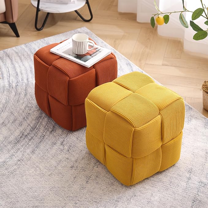 Cmishe 15" Square Woven Corduroy Ottoman Footrest - Modern Vanity Stool for Living Room & Entryway, Eco-Friendly Wood Frame, No Assembly (Yellow)