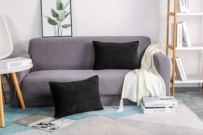 TangDepot Velvet Big Corduroy Pillow Covers 12x20 Black 2-Pack | Soft wide-stripe corduroy pillow cover, hidden zipper, machine washable, easy refresh, for bedroom living room indoor outdoor