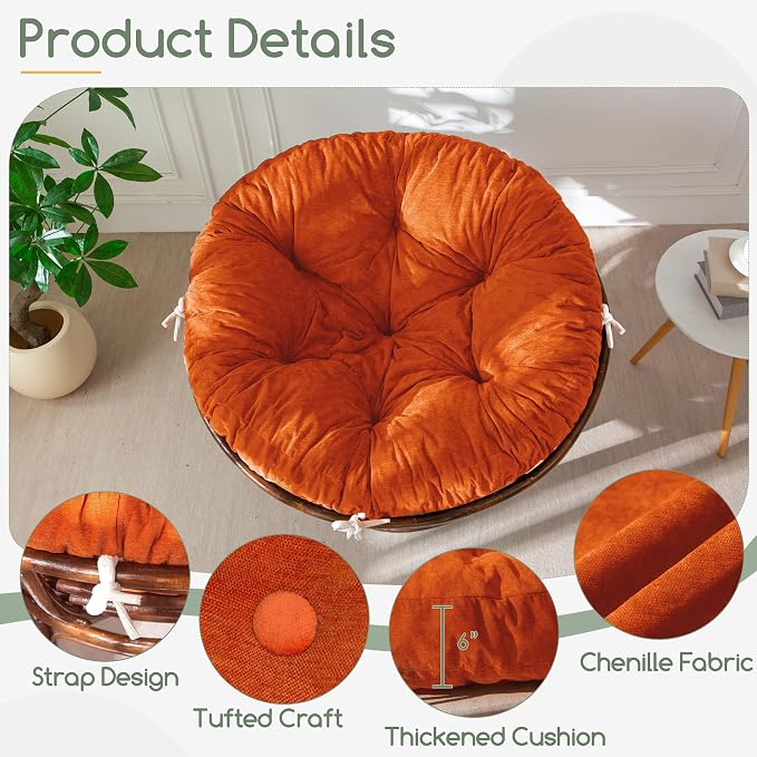 HIGOGOGO Papasan Chair Cushion with Chenille Cover (Without Chair), Soft Supportive Cushion, Orange, 48 x 48 Inch