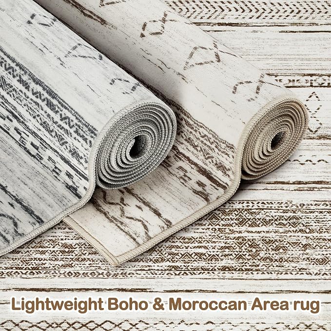 Tortania Area Rug Living Room Rugs - 5x8 Washable Large Soft Neutral Boho Moroccan Bohemian Farmhouse Rug Indoor Floor Carpet for Bedroom Under Dining Table Home Office Decor - Cream Brown
