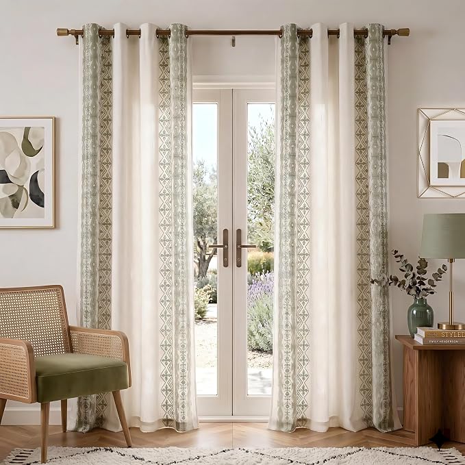 NICETOWN Sage Green Floral Embroidered Linen Curtains 84 inch Long - Gorgeous Drapes for Airy Living Room, Boho Style Bronze Grommet Heavy Linen Beautiful Home Decoration, W52 x L84, 2 Pcs
