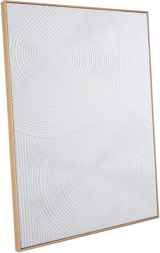 Zessonic Framed Abstract Wall Art for Living-room - Large White Geometric Line Spiral Abstract Hand-painting Artwork Minimalism Contemporary Nordic Boho Decorative for Living Room, Bedroom - 28"x 40"