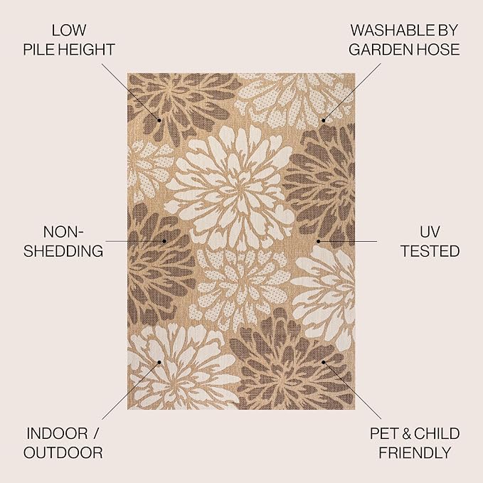 JONATHAN Y Floral Textured Weave Indoor Outdoor Area Rug 4X6 Brown/Cream, Zinnia Modern for Backyard, Patio, Porch, Easy-Cleaning, High Traffic, Pet-Friendly, Non-Shedding (SMB110I-4)