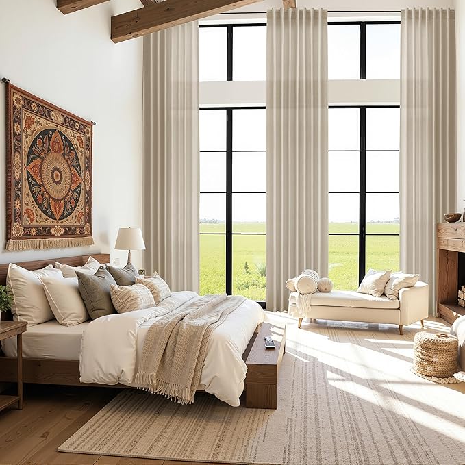 Eggshell Beige Linen 144 Inch Curtains for Living Room Light Filtering Semi Sheer Curtain Back Tab Rustic Farmhouse Decor Burlap Elegant Drapes Floor to Ceiling High Window for Bedroom 52x144,2 Panels