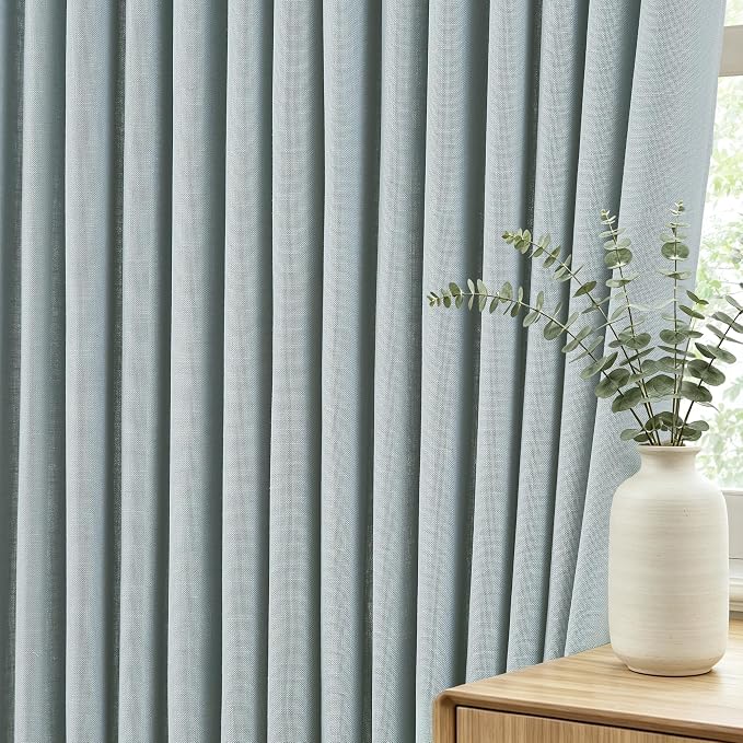 Textured Linen Triple Pinch Pleat Curtains Dusty Blue 40W x 72L Classic Light Filtering Semi Sheer Drapes with Clips Hooks for Balcony Small Living Room Boho Casual Home Decor 2 Panels
