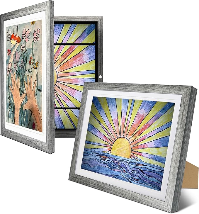 2-Pack Kids Artwork Frames Changeable 10x12.5 with Easel Stands, Hangers, Backboards, Shatterproof Plexiglass | 2 Mats Fit 9x12, 8.5x11, A4 Paper Sizes | Large and Easy-Access Kids Art Frame Display and Storage for up to 100 Sheets (Gray)