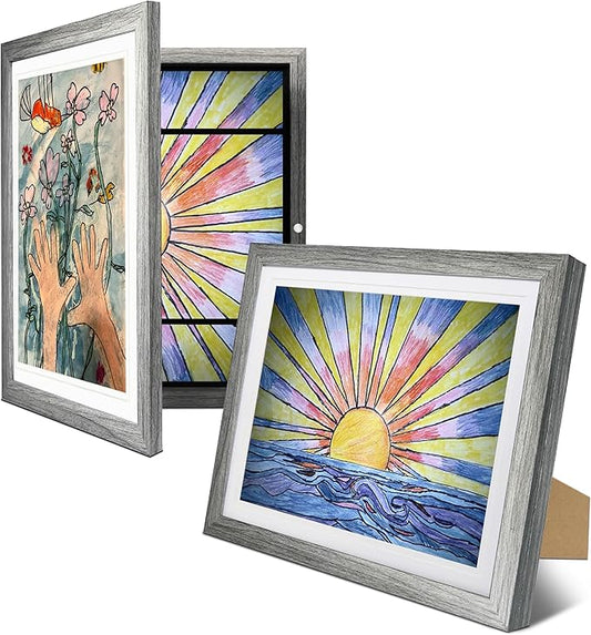 2-Pack Kids Artwork Frames Changeable 10x12.5 with Easel Stands, Hangers, Backboards, Shatterproof Plexiglass | 2 Mats Fit 9x12, 8.5x11, A4 Paper Sizes | Large and Easy-Access Kids Art Frame Display and Storage for up to 100 Sheets (Gray)