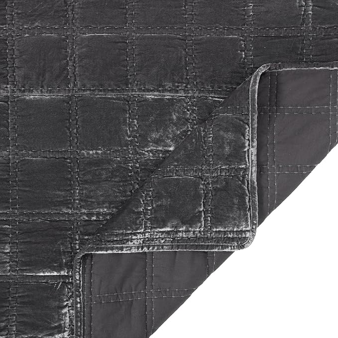 HiEnd Accent Stella Faux Silk Velvet Double Box Stitch 3 Piece Quilt Set, Full Queen Size, Slate Solid Color, Classic Chic Modern Rustic Elegant Bedding Set, Lightweight Bed Set
