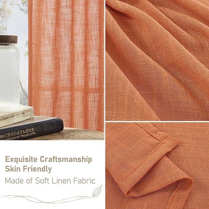 LAMIT Linen Curtains 48 Inch Length 2 Panels, Light Filtering Panels Back Tab and Rod Pocket Country Decor Drapes for Kitchen/Window/Loft Room/Bedroom, 34 x 48 Inch, Burnt Orange