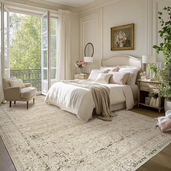 BILEEHOME Neutral Area Rugs 8x10 for Living Room,Boho Washable Earth Tone Vintage Floral Modern Farmhouse Bedroom Dining Room Rug Under Table,Cream Beige Tan Brown