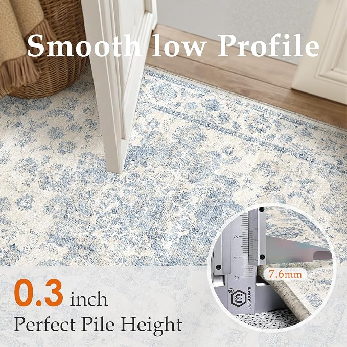 3x4 Washable Neutral Area Rug Blue Vintage Entryway Office Carpet Non-Slip Soft Low Pile Farmhouse Throw Rug for Entrance Living Room Bathroom Dining Room