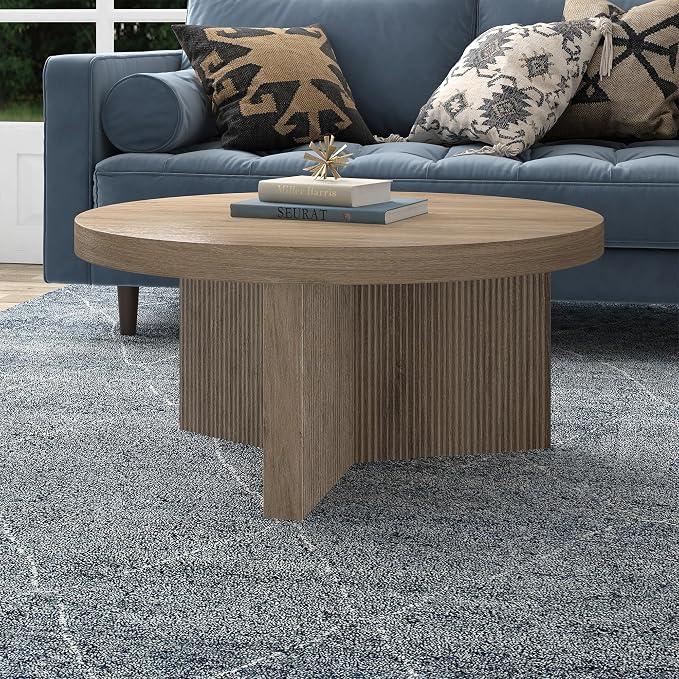 Henn&Hart 32" Fluted Round Low-Profile Coffee Table with Ribbed Pedestal Base for Living Room, Family Room, Office, or Apartment, Weathered Gray