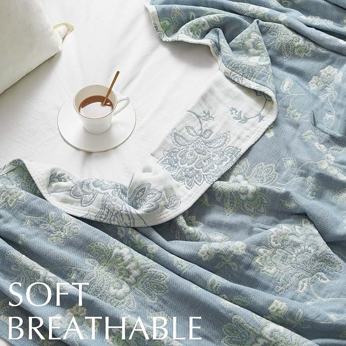 jinchan Boho 100% Cotton Muslin Twin Size 50x60 Inches Blanket Lightweight 4-Layer Quilted Soft Blue and White Floral Throw Blanket Green Accents Reversible Comfy Flower Breathable Summer Couch