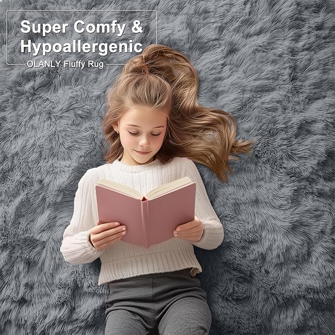 OLANLY 4x9 Area Rugs for Living Room Bedroom, Machine Washable Soft Fluffy Shaggy Bedside Rug, Indoor Floor Carpet for Kids Girls and Boys, Dorms, Nursery Rooms, Home Decor Aesthetic, Grey