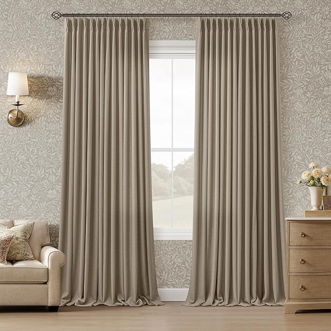 100 Inch Dark Flax Thick Linen Sliding Door Ceiling Curtains 2 Panels Set, Memory Shape Pinch Pleat Semi Sheer Light Filtering Living Room Bedroom Window Curtain with Hooks & Rings Brown Drapes