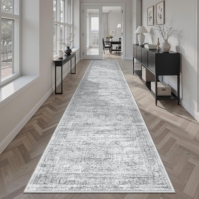 Soalmost Runner Rug 2x10 Washable Non-Slip Hallway Runner Rugs for Kitchen Bathroom Laundry Room Grey Vintage Floor Carpet Runners for Hallways Entryway
